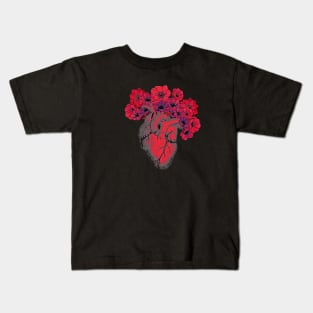 human heart color red with crow flowers blood red Kids T-Shirt